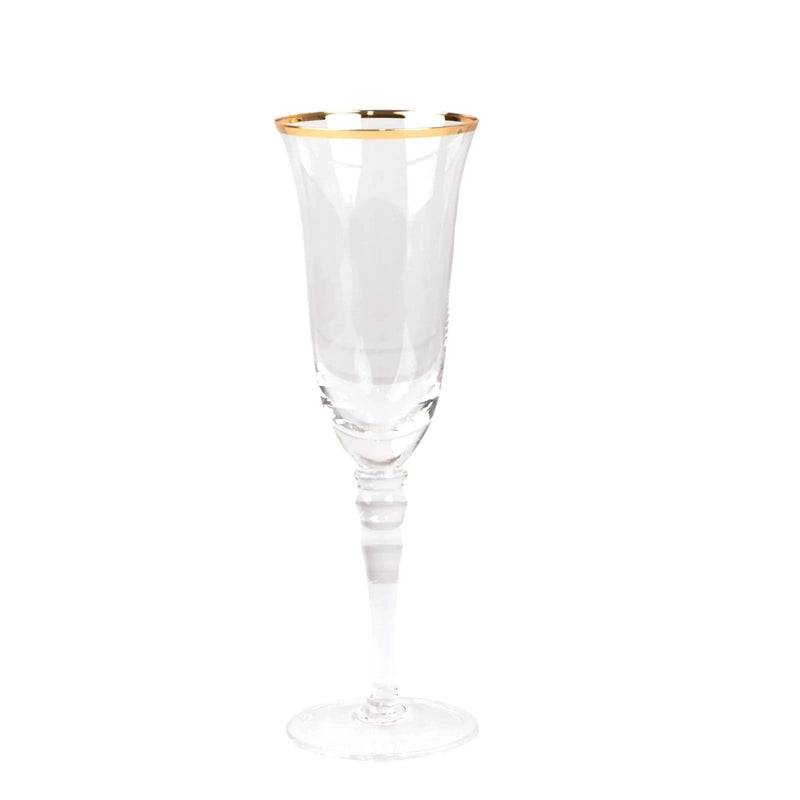 6 Champagne Flute Glasses 6oz Gold Rimmed Design with Long Beaded Stem - Clear GLAS_CUCP002_6_CLGD