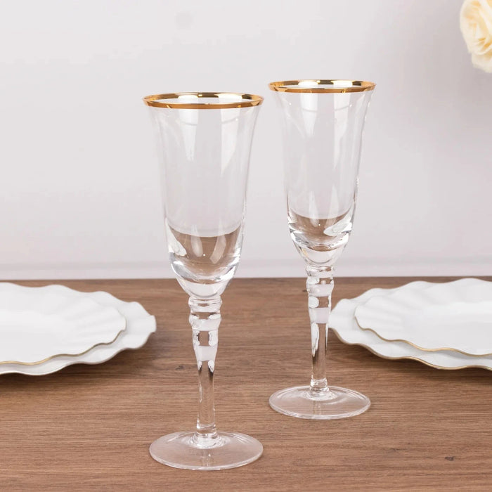 6 Champagne Flute Glasses 6oz Gold Rimmed Design with Long Beaded Stem - Clear GLAS_CUCP002_6_CLGD