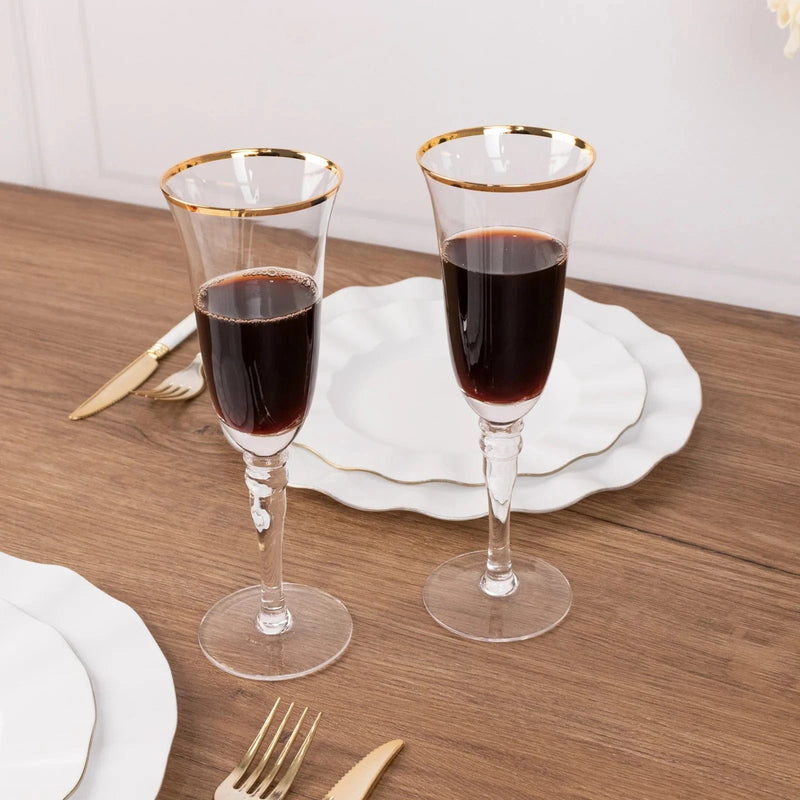 6 Champagne Flute Glasses 6oz Gold Rimmed Design with Long Beaded Stem - Clear GLAS_CUCP002_6_CLGD