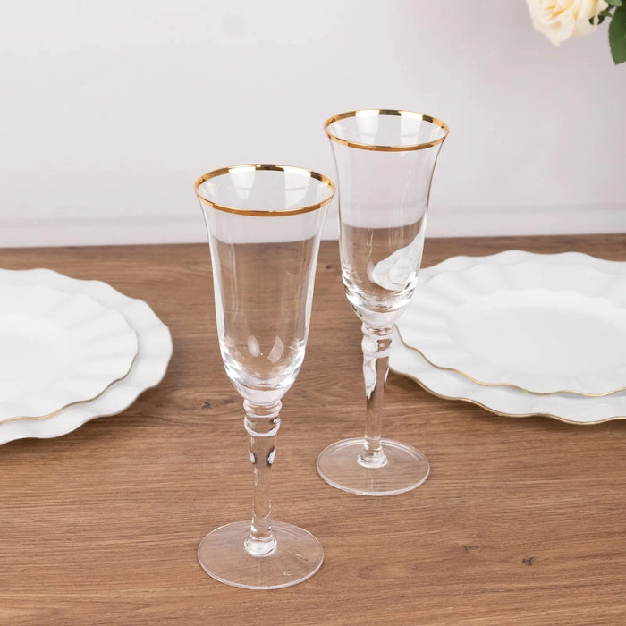 6 Champagne Flute Glasses 6oz Gold Rimmed Design with Long Beaded Stem - Clear GLAS_CUCP002_6_CLGD