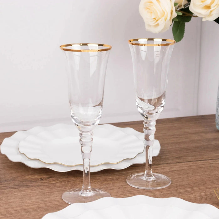 6 Champagne Flute Glasses 6oz Gold Rimmed Design with Long Beaded Stem - Clear GLAS_CUCP002_6_CLGD