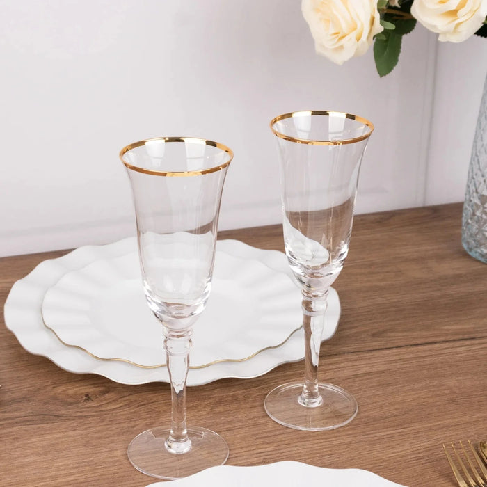 6 Champagne Flute Glasses 6oz Gold Rimmed Design with Long Beaded Stem - Clear GLAS_CUCP002_6_CLGD