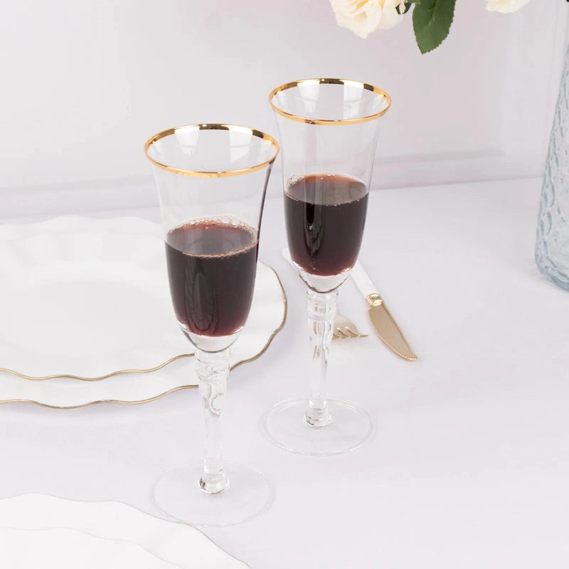 6 Champagne Flute Glasses 6oz Gold Rimmed Design with Long Beaded Stem - Clear GLAS_CUCP002_6_CLGD