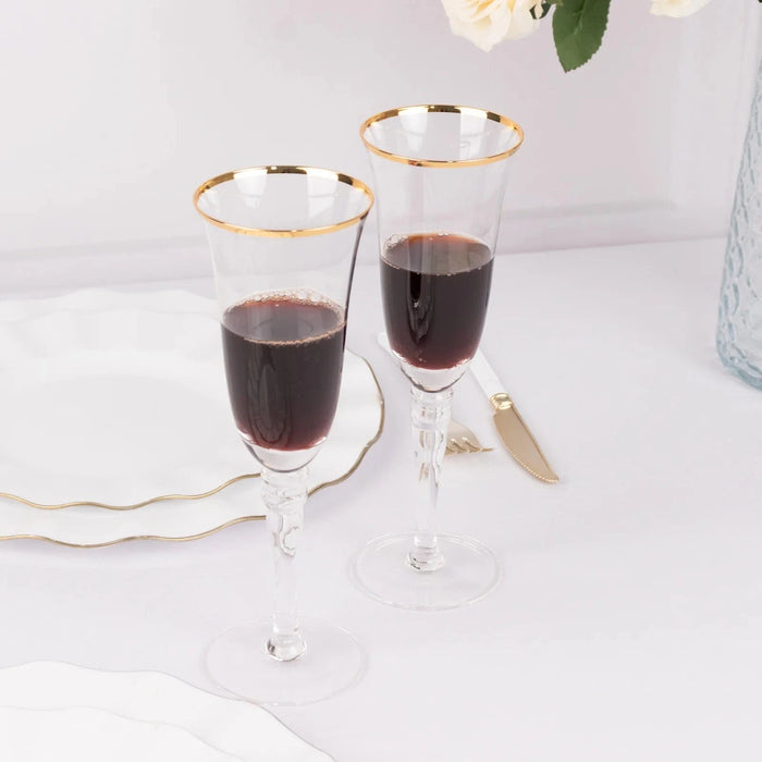 6 Champagne Flute Glasses 6oz Gold Rimmed Design with Long Beaded Stem - Clear GLAS_CUCP002_6_CLGD