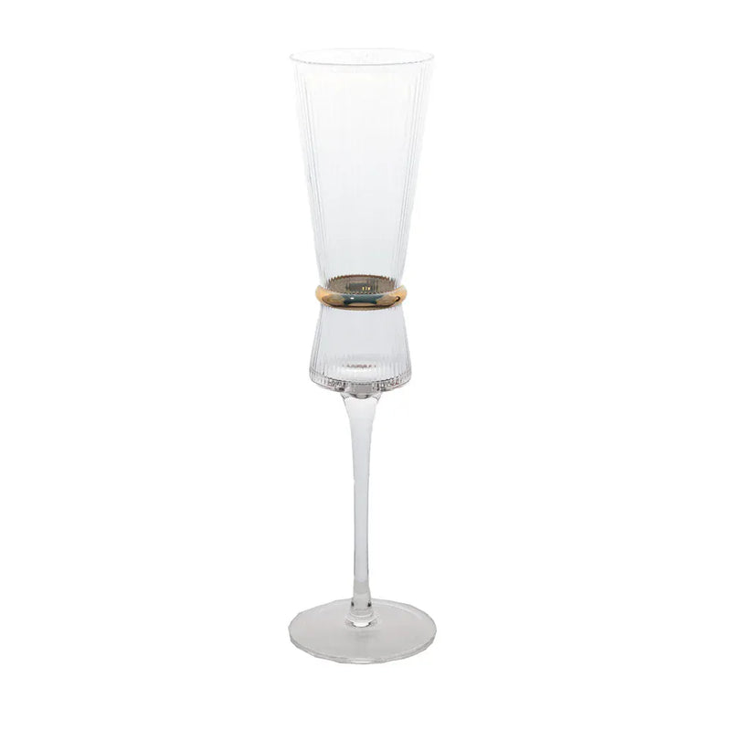 6 Champagne Flute Glasses 6oz Ribbed Stemware with Gold Ring Accent - Clear GLAS_CUCP006_7_CLGD