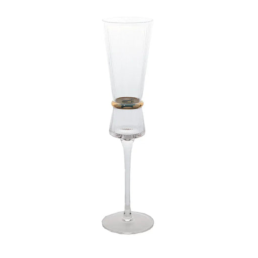 6 Champagne Flute Glasses 6oz Ribbed Stemware with Gold Ring Accent - Clear GLAS_CUCP006_7_CLGD