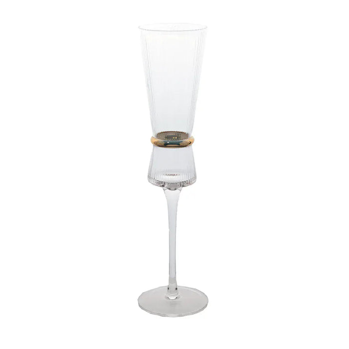 6 Champagne Flute Glasses 6oz Ribbed Stemware with Gold Ring Accent - Clear GLAS_CUCP006_7_CLGD