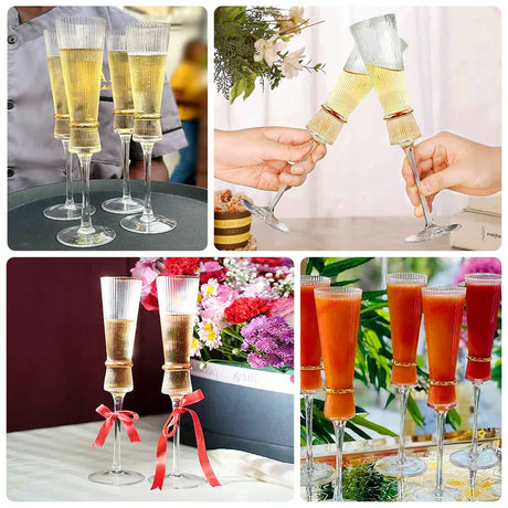 6 Champagne Flute Glasses 6oz Ribbed Stemware with Gold Ring Accent - Clear GLAS_CUCP006_7_CLGD