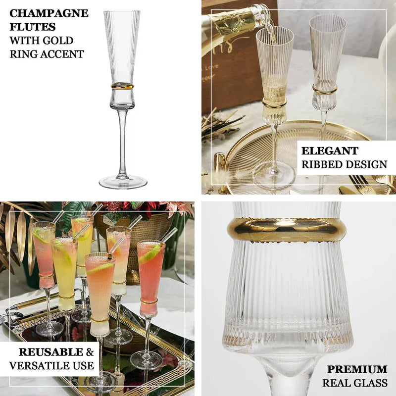 6 Champagne Flute Glasses 6oz Ribbed Stemware with Gold Ring Accent - Clear GLAS_CUCP006_7_CLGD