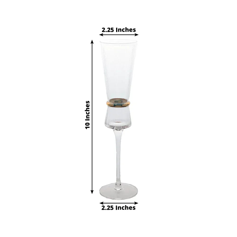 6 Champagne Flute Glasses 6oz Ribbed Stemware with Gold Ring Accent - Clear GLAS_CUCP006_7_CLGD