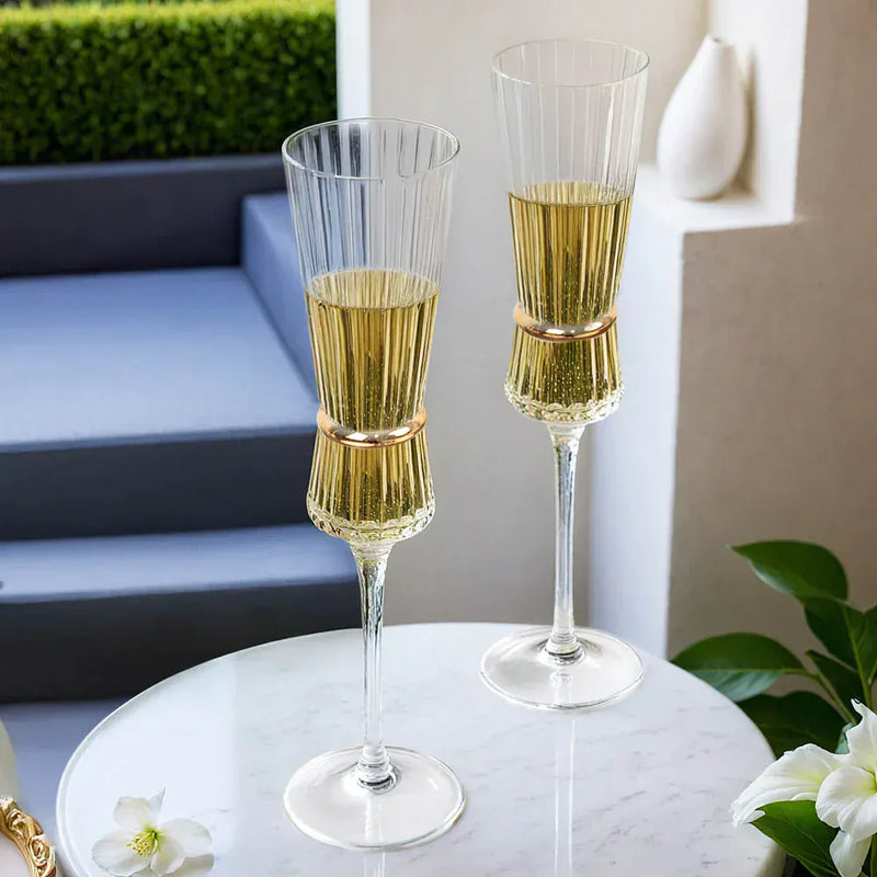 6 Champagne Flute Glasses 6oz Ribbed Stemware with Gold Ring Accent - Clear GLAS_CUCP006_7_CLGD