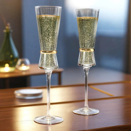 6 Champagne Flute Glasses 6oz Ribbed Stemware with Gold Ring Accent - Clear GLAS_CUCP006_7_CLGD