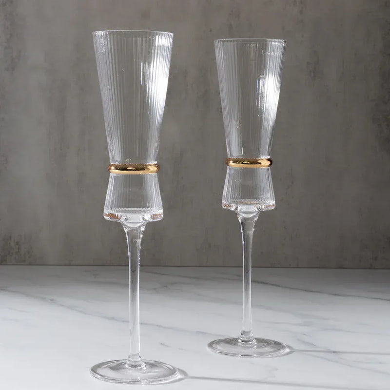 6 Champagne Flute Glasses 6oz Ribbed Stemware with Gold Ring Accent - Clear GLAS_CUCP006_7_CLGD