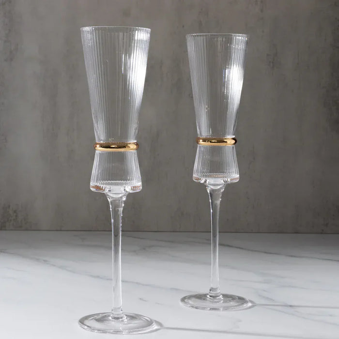 6 Champagne Flute Glasses 6oz Ribbed Stemware with Gold Ring Accent - Clear GLAS_CUCP006_7_CLGD