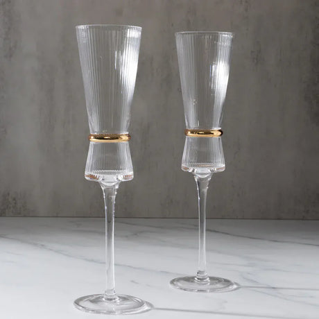6 Champagne Flute Glasses 6oz Ribbed Stemware with Gold Ring Accent - Clear GLAS_CUCP006_7_CLGD