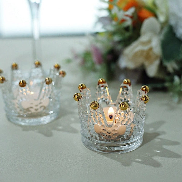 6 Crystal Glass Crown Tea Light Votive Candle Holders with Beaded Tips - Clear and Gold CAND_HOLD_015_CLRGD