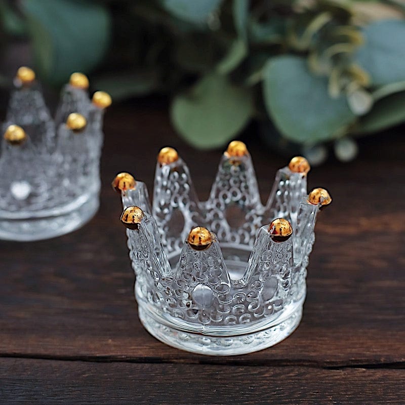 6 Crystal Glass Crown Tea Light Votive Candle Holders with Beaded Tips - Clear and Gold CAND_HOLD_015_CLRGD