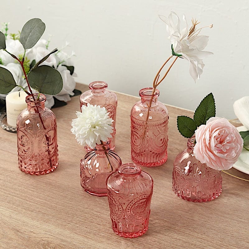 6 Decorative Glass Flower Vases with Embossed Vintage Design
