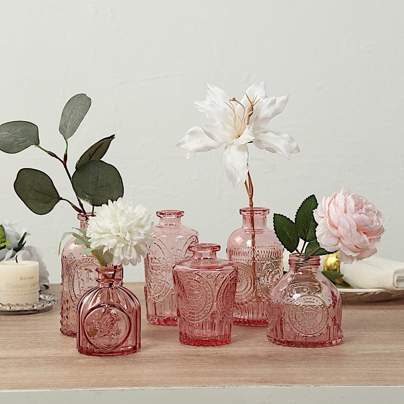 6 Decorative Glass Flower Vases with Embossed Vintage Design