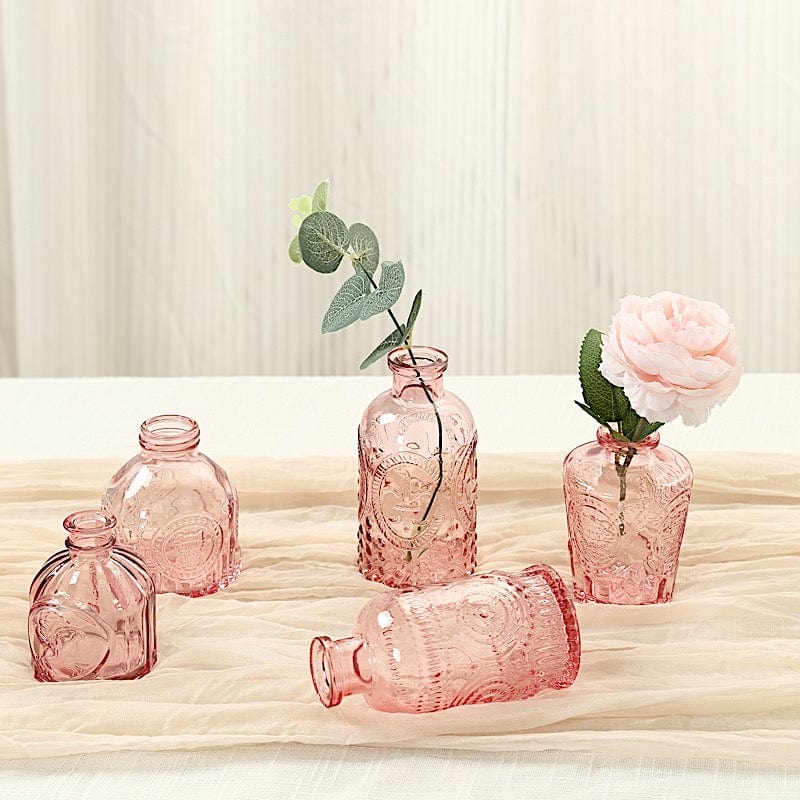 6 Decorative Glass Flower Vases with Embossed Vintage Design