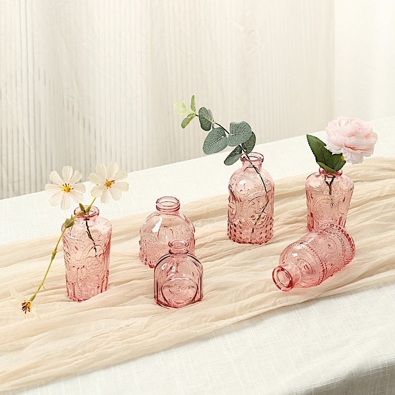 6 Decorative Glass Flower Vases with Embossed Vintage Design