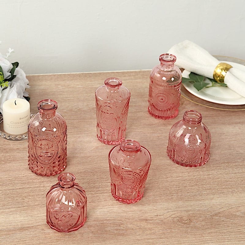 6 Decorative Glass Flower Vases with Embossed Vintage Design