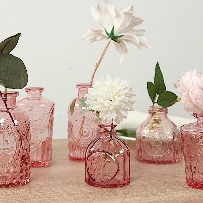 6 Decorative Glass Flower Vases with Embossed Vintage Design