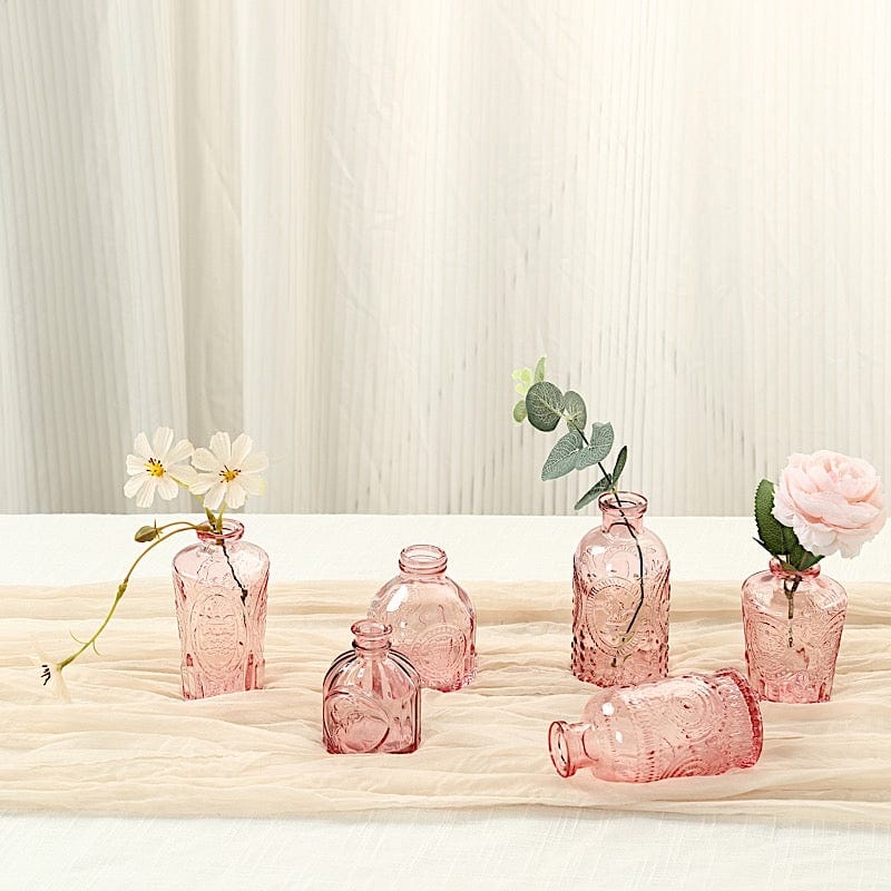 6 Decorative Glass Flower Vases with Embossed Vintage Design