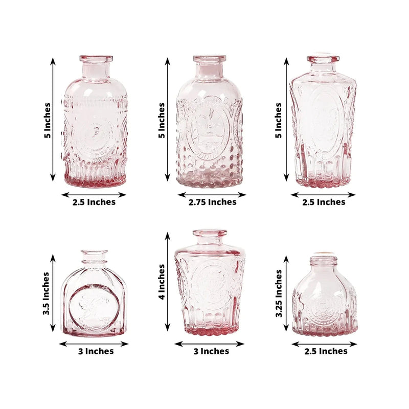 6 Decorative Glass Flower Vases with Embossed Vintage Design