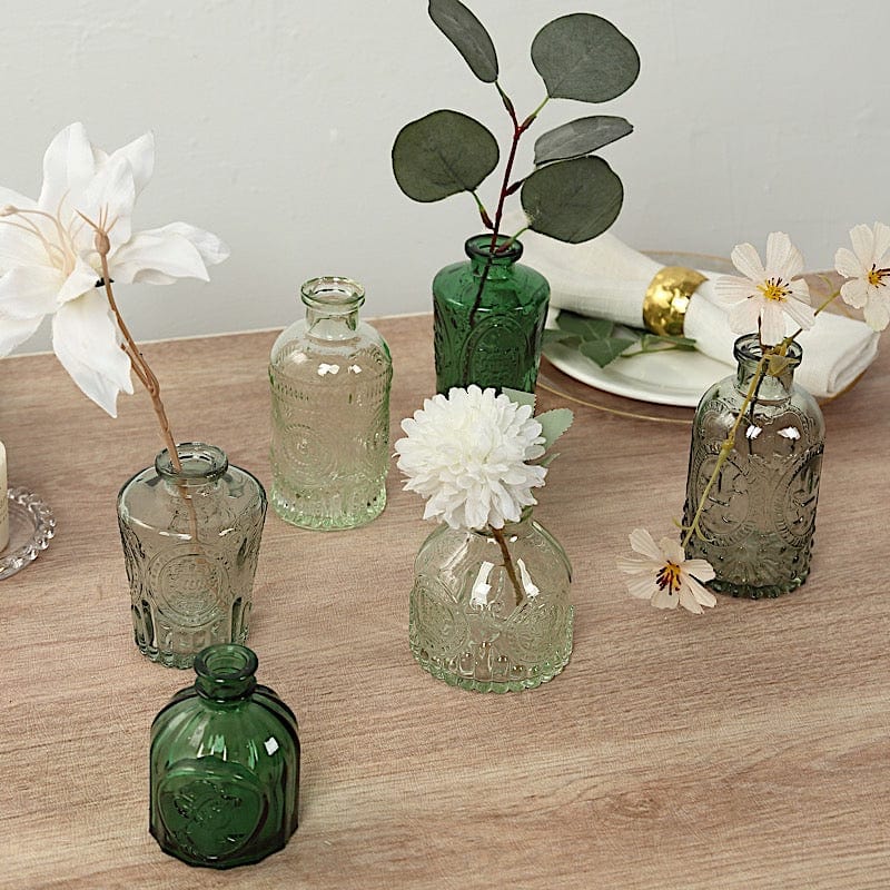 6 Decorative Glass Flower Vases with Embossed Vintage Design