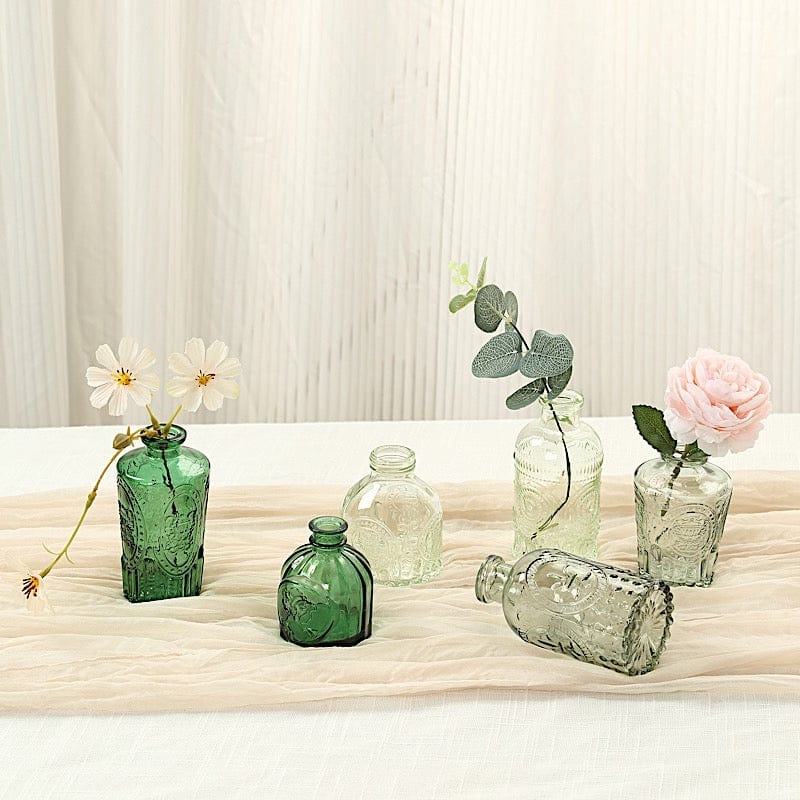 6 Decorative Glass Flower Vases with Embossed Vintage Design