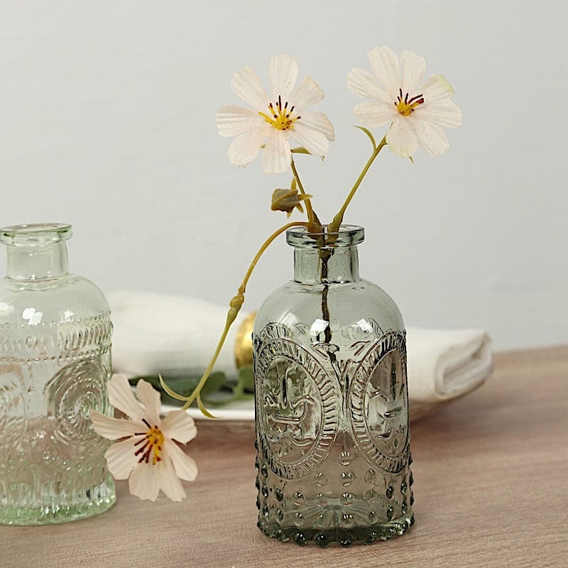 6 Decorative Glass Flower Vases with Embossed Vintage Design