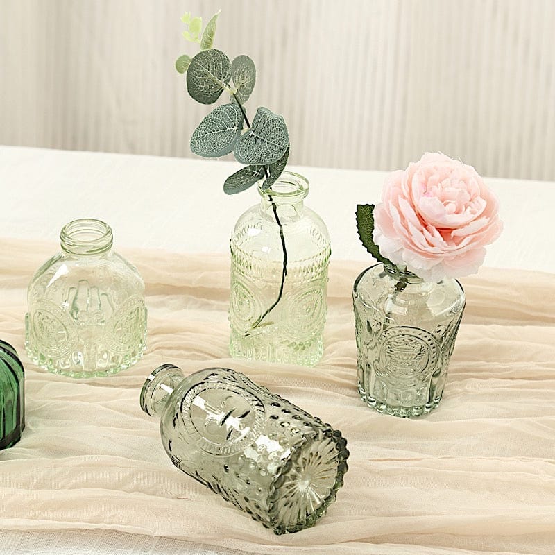6 Decorative Glass Flower Vases with Embossed Vintage Design