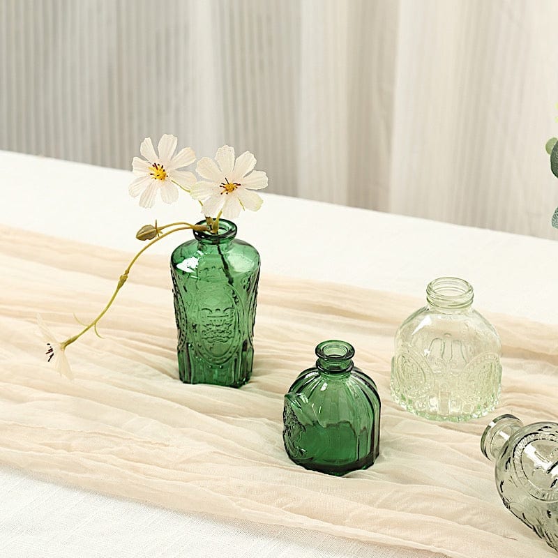 6 Decorative Glass Flower Vases with Embossed Vintage Design