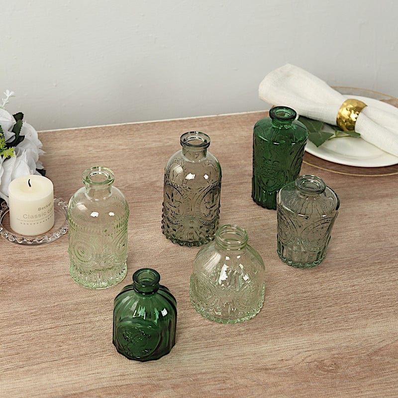 6 Decorative Glass Flower Vases with Embossed Vintage Design