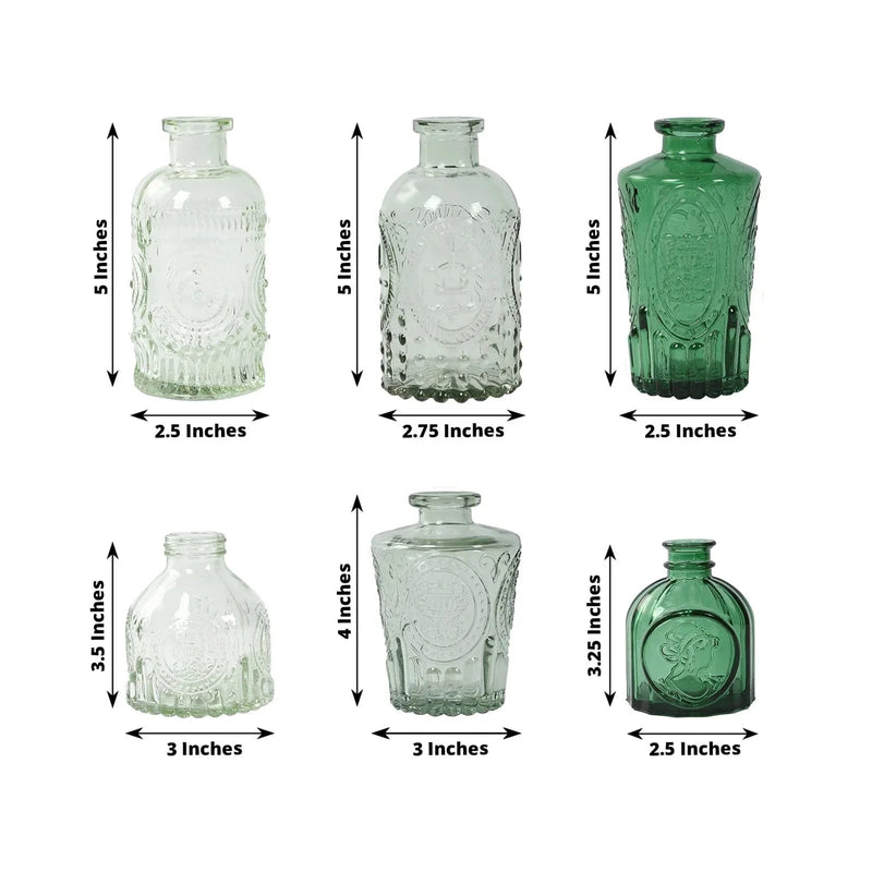 6 Decorative Glass Flower Vases with Embossed Vintage Design