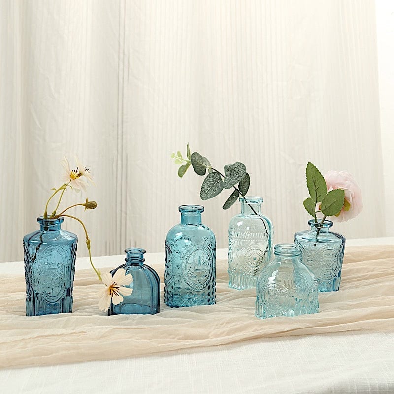 6 Decorative Glass Flower Vases with Embossed Vintage Design