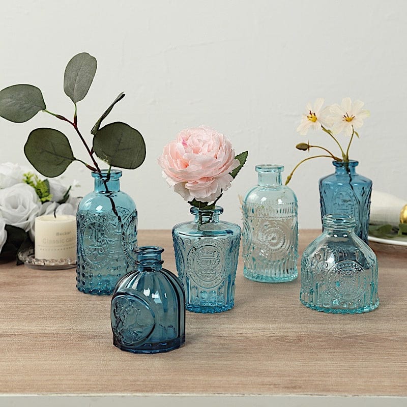 6 Decorative Glass Flower Vases with Embossed Vintage Design