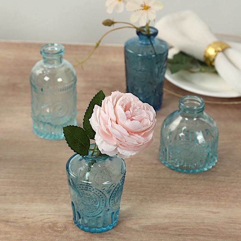 6 Decorative Glass Flower Vases with Embossed Vintage Design