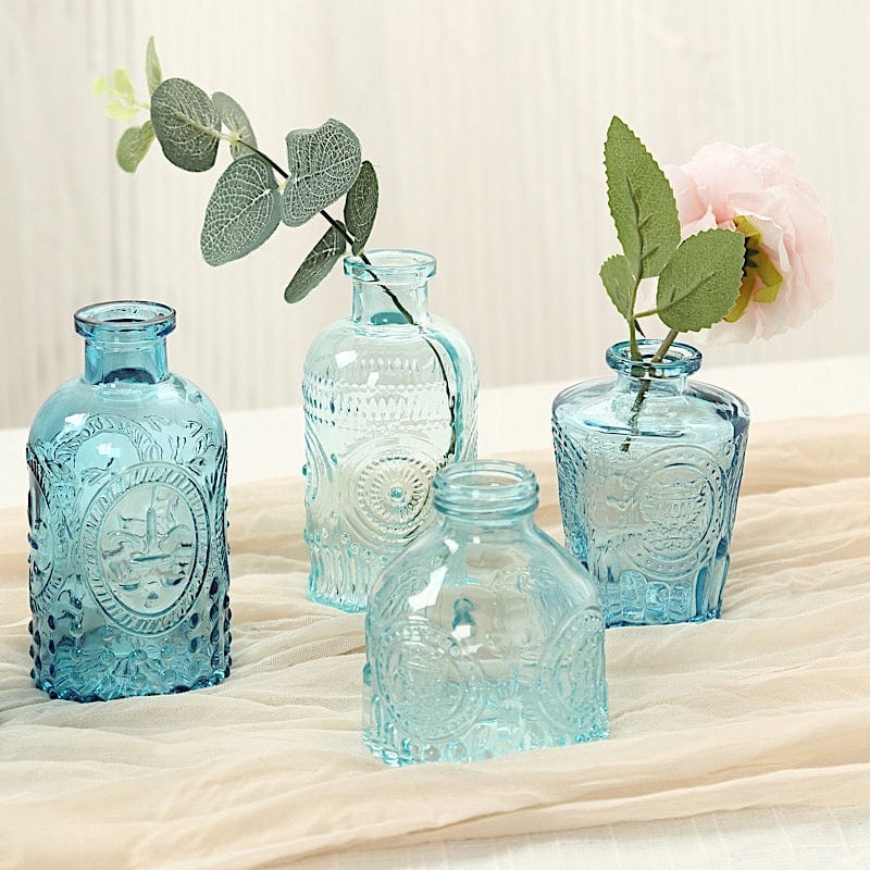 6 Decorative Glass Flower Vases with Embossed Vintage Design