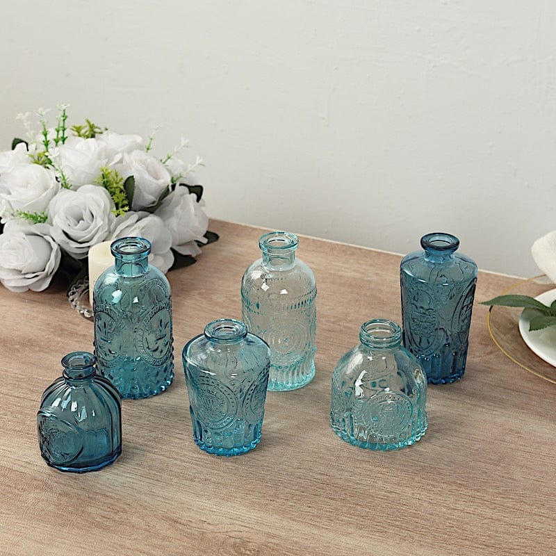 6 Decorative Glass Flower Vases with Embossed Vintage Design