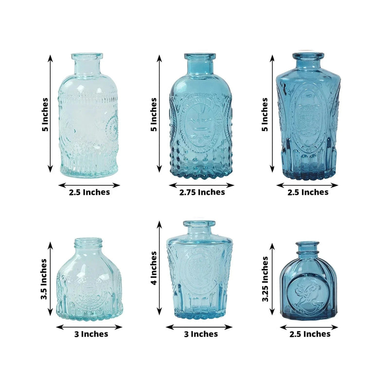 6 Decorative Glass Flower Vases with Embossed Vintage Design