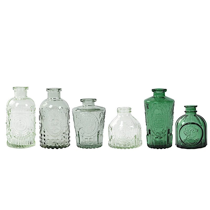6 Decorative Glass Flower Vases with Embossed Vintage Design VASE_RND_008_SET_MIXGN