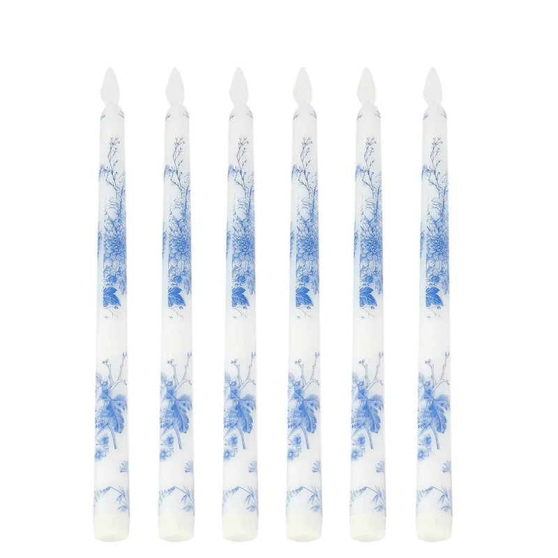 6 Flameless 11" tall LED Taper Candles Lights French Toile Design LED_CAND_TP01_FLOR_BLUE