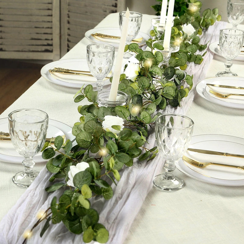 6 ft Eucalyptus Garland with Silk Roses and Battery Operated LED Lights - Green and Ivory LEDSTR_ARTI_GLND_GRN016