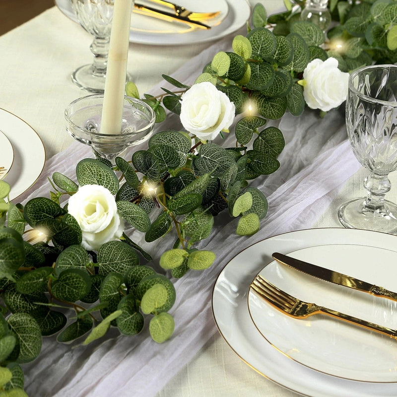 6 ft Eucalyptus Garland with Silk Roses and Battery Operated LED Lights - Green and Ivory LEDSTR_ARTI_GLND_GRN016