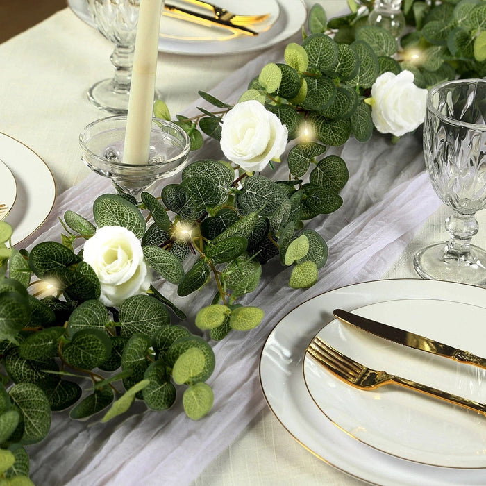 6 ft Eucalyptus Garland with Silk Roses and Battery Operated LED Lights - Green and Ivory LEDSTR_ARTI_GLND_GRN016
