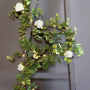 6 ft Eucalyptus Garland with Silk Roses and Battery Operated LED Lights - Green and Ivory LEDSTR_ARTI_GLND_GRN016
