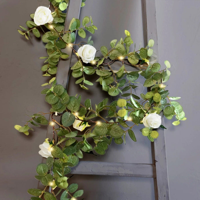 6 ft Eucalyptus Garland with Silk Roses and Battery Operated LED Lights - Green and Ivory LEDSTR_ARTI_GLND_GRN016