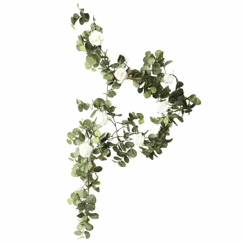 6 ft Eucalyptus Garland with Silk Roses and Battery Operated LED Lights - Green and Ivory LEDSTR_ARTI_GLND_GRN016